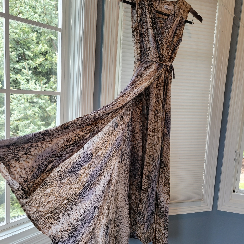 Calvin Klein fall dress, tan and black snake print, 3/4 length,  elastic & belt